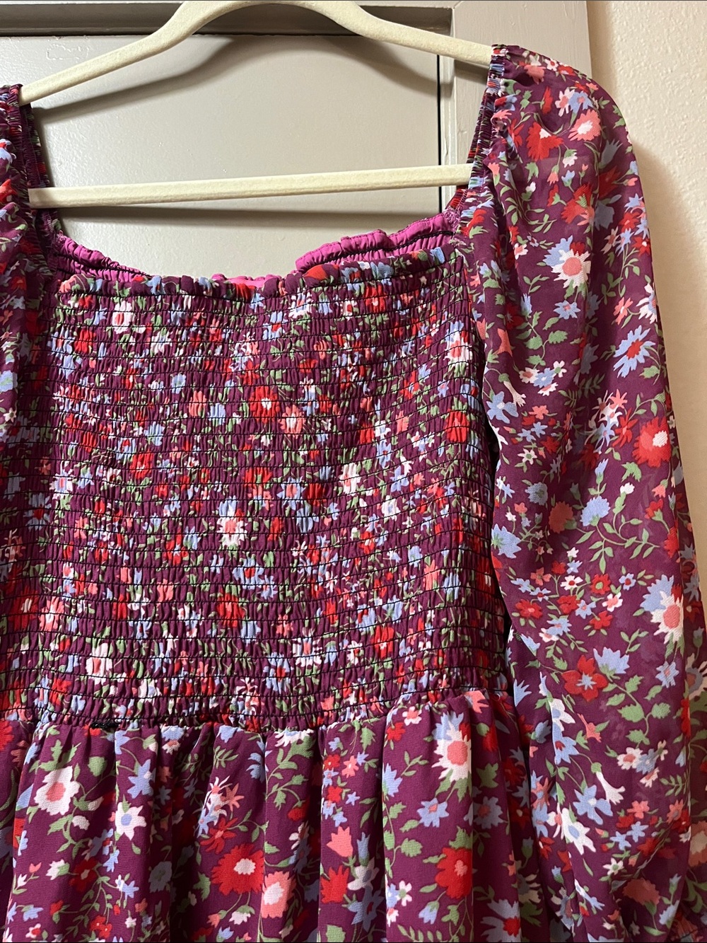 Betsey Johnson Burgundy Floral Smocked Maxi Dress with Long Sleeves - Picture 3 of 6